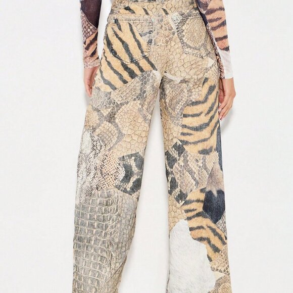 Multicolor Women's Mixed Animal Print Patchwork Wide Leg High Rise Jeans - Picture 3 of 4